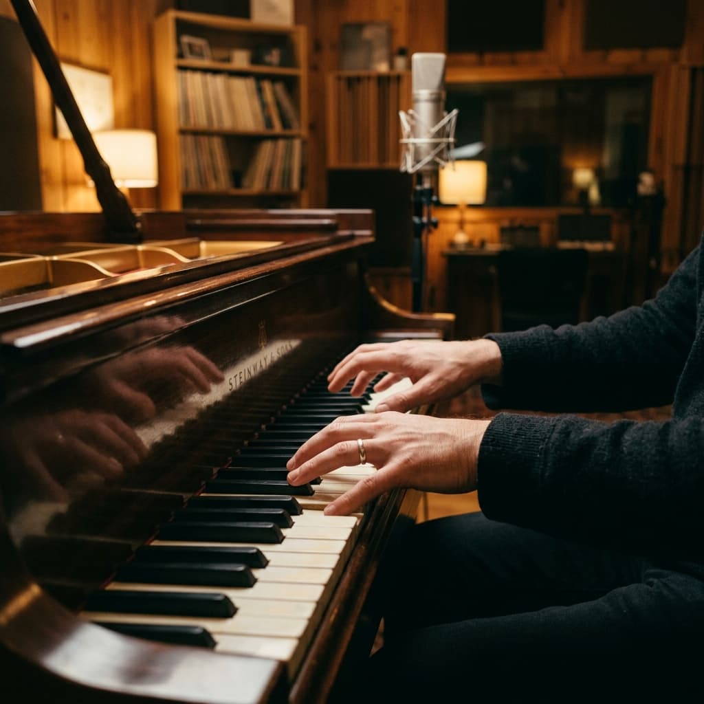 Hands playing piano in studio